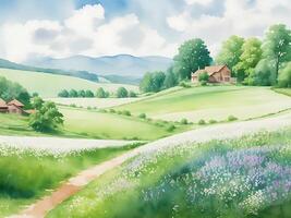 a watercolor painting of a rural countryside scene photo
