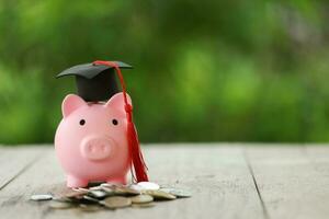 conocimiento y éxito graduación gorra en libros en contra un hermosa naturaleza antecedentes. logro desbloqueado graduación gorra y libros simbolizar educación ahorros y académico crecimiento. foto