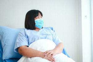 obese female patient being hospitalized Lie on the bed in the patient room. Concept of medical services in hospitals. health insurance. copy space photo