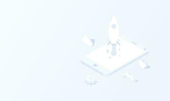 Mobile Social media rocket monitoring concept in isometric background vector design.