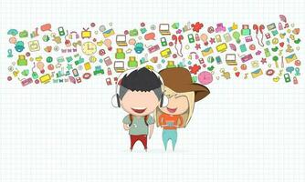 Teenage girl and boy wearing hat playing with phone happy template design thinking idea with social network icons background. Drawing by hand vector. Social network background with media icons. vector