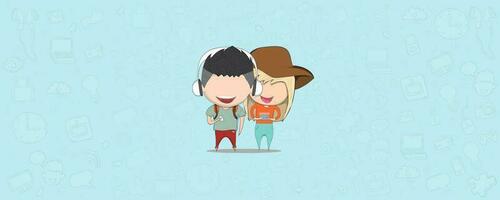 Teenage girl and boy wearing hat playing with phone happy template design thinking idea with social network icons background. drawing by hand vector