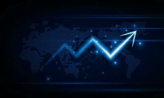 financiero gráfico con Moviente arriba flecha grafico y mundo mapa en valores mercado en azul color antecedentes concepto innovación fondo, vector diseño