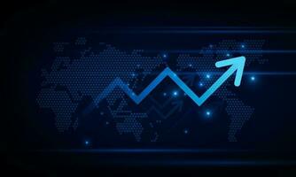 Financial chart with moving up arrow graph and world map in stock market on blue color background concept innovation background, vector design