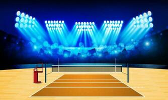 Volleyball court arena field with bright stadium lights design. Vector illumination