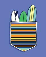 Vector colorful illustration of shirt pocket full of surfboards. Stripped art for printing on t-shirts, posters and etc.
