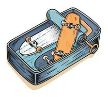 Editable vector illustration of can of sardines with skateboards. Design for printing on t-shirts, posters and etc.