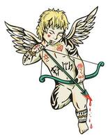 Colorful vector illustration of stylish tattooed angel. Stripped representation of Cupid aiming with a bow and arrow.