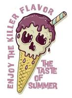 Handmade vector illustration of ice cream with a skull face in cartoon style.