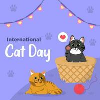 Vector Cute International Cat Day Flat Hand Drawn Illustration