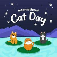 Vector Cute International Cat Day Flat Hand Drawn theme Cat on Lotus Illustration