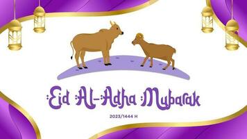 bandera modelo púrpura con tema de contento eid al-adha 2023 con linda animal vector