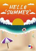 Poster Templates Paper Cut Hello Summer with Sunset and Beach Realistic Illustration vector