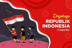 Indonesia Independence Day Vector with Illustration of Childrens Running with Flag