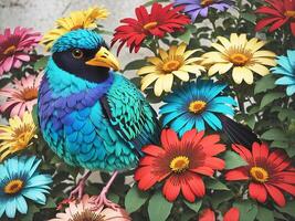 Colorful bird sitting on flowers, photo