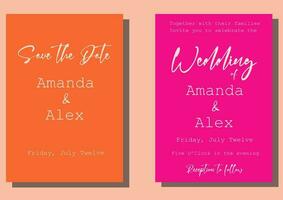 Elegant Save the Date and  Wedding invitation Template. Vector Illustration with calligraphy script and modern pink and orange color pallete for your stationery from cards to poster signs