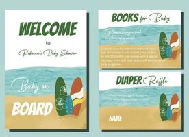 Baby On Board Surfing Tropical Beach Baby Shower. Our beautiful tropical design invites the ocean feel to your special celebration. Get ready to dive into the vibe with our fun and creative surfboards vector