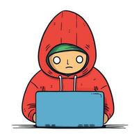 Hacker, A man in a hoodie with laptop stealing user personal data, Phishing scam, hacker attack and web security concept vector hand drawn illustration