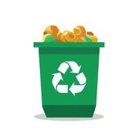 Green recycle bin with trash isolated on white background flat vector