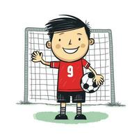 fútbol portero acuerdo objetivo vector ilustración, dibujos animados niños dibujado a mano estilo. niños jugando fútbol