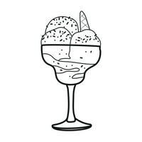 Ice cream in glass with cookie and waffle in doodle style. Line art. Hand drawn vector frozen dessert