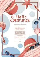 Flyer design with summer accessories. Beach hat, sunglasses, towel, seashells.Beach vibe, summer time. Banner poster, background for summer party, advertising promotion, invitation. vector