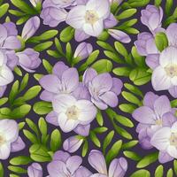 Seamless pattern with freesia flowers. Texture with purple flowers and green buds. Floral print for fabric, textile, paper, wallpaper, etc. vector