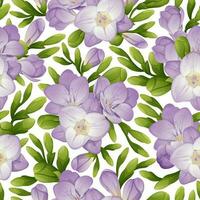 Seamless pattern with freesia flowers. Texture with purple flowers and green buds. Floral print for fabric, textile, paper, wallpaper, etc. vector