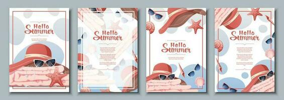 Flyer template set with summer accessories.Beach hat, sunglasses, towel, seashells. Beach vibe, summer time. Banner poster, background for summer party, advertising promotion, invitation. vector