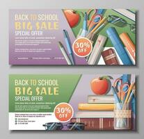 Back to school discount banner template. Learning, knowledge, education. Flyer, poster with textbooks, books, stationery vector
