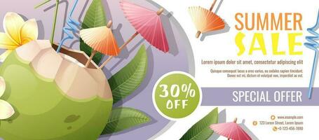 Discount flyer template with coconut cocktail, umbrellas and frangipani flowers. Coupon for summer discounts. vector