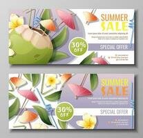 Set of discount flyer templates with coconut cocktail, umbrellas and frangipani flowers. Coupon for summer sales. vector