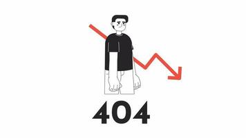 Stock market graph down bw error 404 animation. Price predict. Bankruptcy error message gif, motion graphic. Unsuccessful businessman animated character outline 4K video isolated on white background