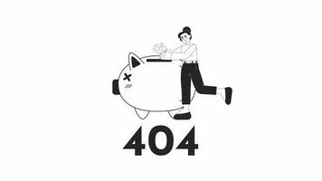 ahorros cuenta bw error 404 animación. Jubilación planificación error mensaje gif, movimiento gráfico. financiero seguridad. latina con efectivo animado personaje contorno 4k vídeo aislado en blanco antecedentes video