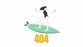 Happy woman surfing big wave 404 error animation. Outdoor sports error message gif, motion graphic. Surfer girl in wetsuit animated cartoon line character 4K video isolated on white background