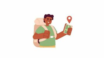 Technology in travel 2D animation. Black male backpacker trekking with hiking app 4K video motion graphic. Traveler hitchhiker holding phone color animated cartoon flat concept, white background