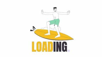 content surfeur homme sur vague ligne 2d chargement animation. le surf plage action. gars avec surfant planche Animé dessin animé contour personnage 4k vidéo chargement mouvement graphique. surfen welle Télécharger processus gif video