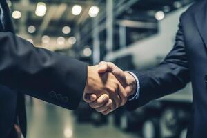 an executive in a suit shaking hands with a logistics worker, signifying a successful business and investment deal in the smart logistics industry photo