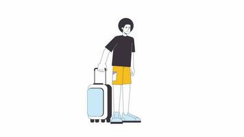 Afro hair man holding baggage line 2D character animation. Male vacationer nodding head flat linear cartoon 4K video, alpha channel. Traveller standing with luggage animated person on white background video