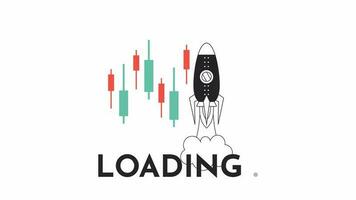 Stock market trends black and white loading animation. Trading candlestick stocks with rocket take off outline 2D cartoon object 4K video loader motion graphic. Buying and selling waiting animated gif