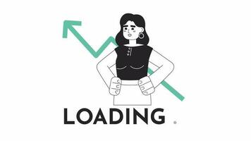 Stock trader woman with growing arrow black and white loading animation. Purposeful woman outline 2D cartoon character 4K video loader motion graphic. Sales growth graph waiting animated gif