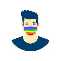 joven hombre en proteccion cara mascarilla. lgbt orgullo colores. tolerancia concepto. vector ilustración