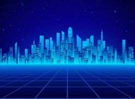 Neon retro city landscape in blue colors. Cyberpunk futuristic town. Sci-fi background abstract digital architecture. Vector illustration