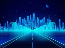 Neon retro city landscape in blue colors. Highway to cyberpunk futuristic town. Sci-fi background abstract digital architecture. Vector illustration