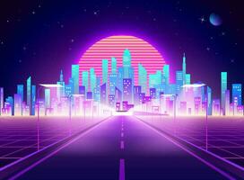 Highway to Cyberpunk futuristic town. Neon retro city landscape. Sci-fi background abstract digital architecture. Vector illustration