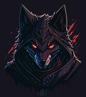 A detailed illustration face evil ninja wolf,magic, t-shirt design, red color , dark magic splash, dark, ghotic, t-shirt design vector