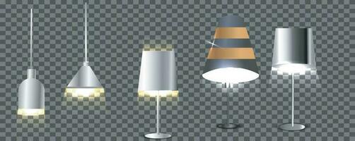 Hanging lamps collection. Chandeliers, lamps, bulbs vintage lamps elements of modern interior vector
