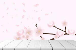 Wooden table in Shabby Chic style and pink spring trees with Sakura blossoming branch 3d illustration photo