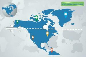 mapa de ubicación de norte America con aviones volador terminado sus territorio hacia el destino vector ilustración