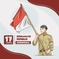 17 agusto indonesio independencia saludo tarjeta con soldado que lleva indonesio bandera vector ilustración gratis descargar